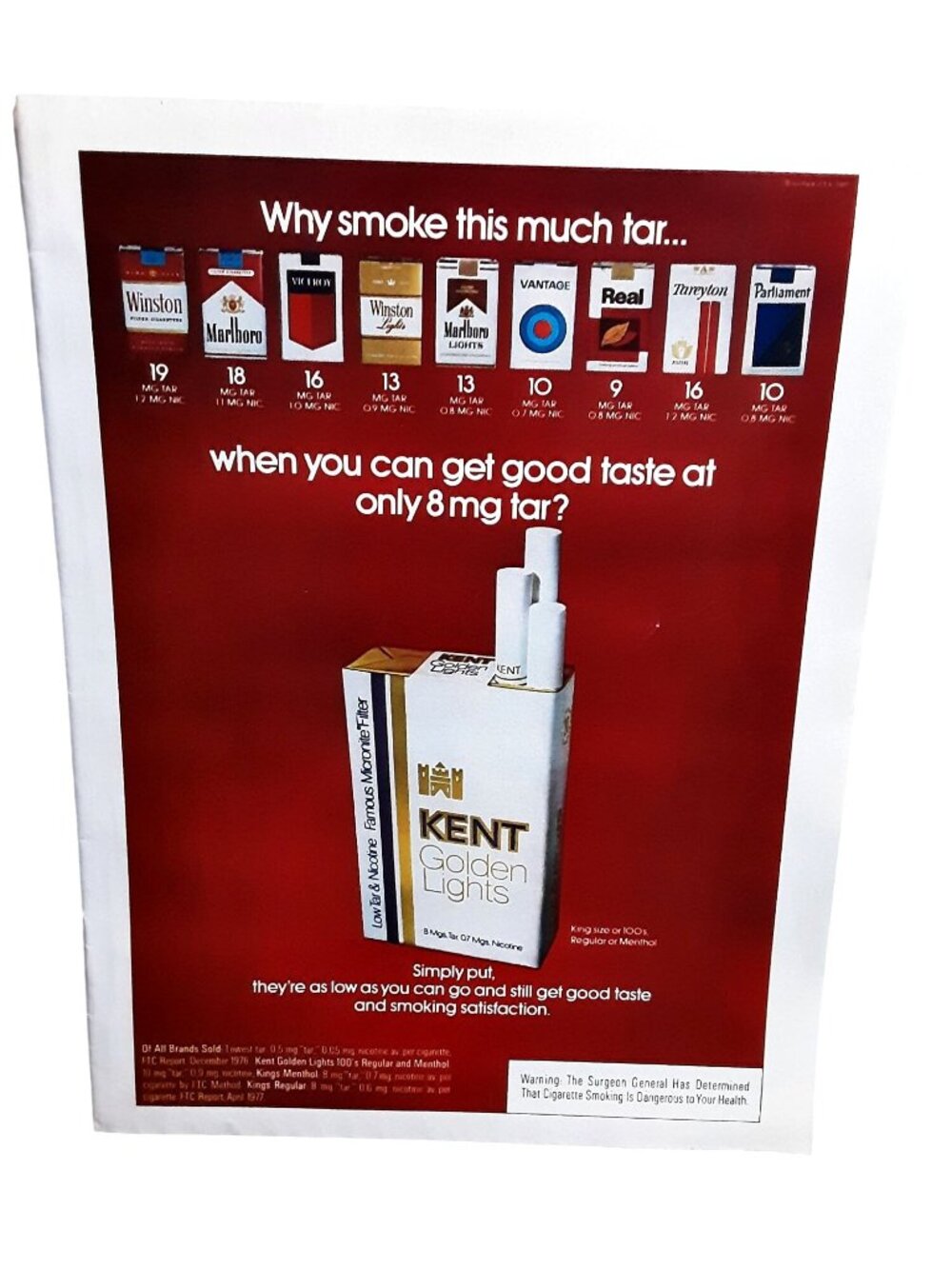 1977 Kent Golden Lights Cigarettes Ad Marlboro Winston Vantage Comparison